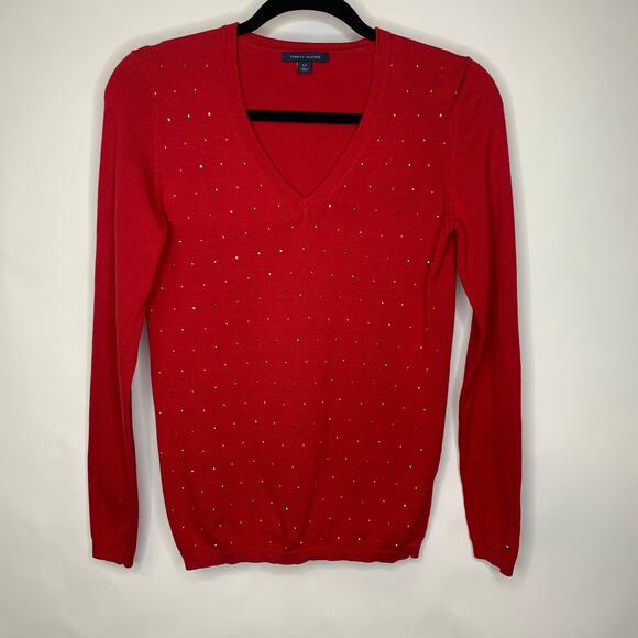 Tommy Red V-neck Sweater Studded Front Gold Sz Small - Picture 1 of 4
